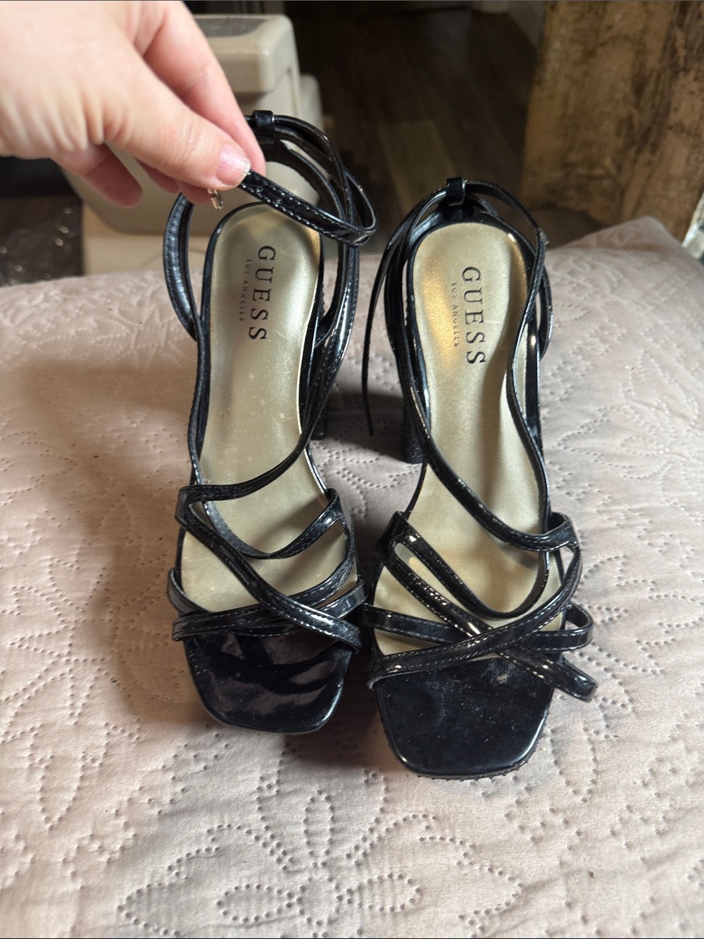GUESS Black Patent Strappy Block Heel Sandals